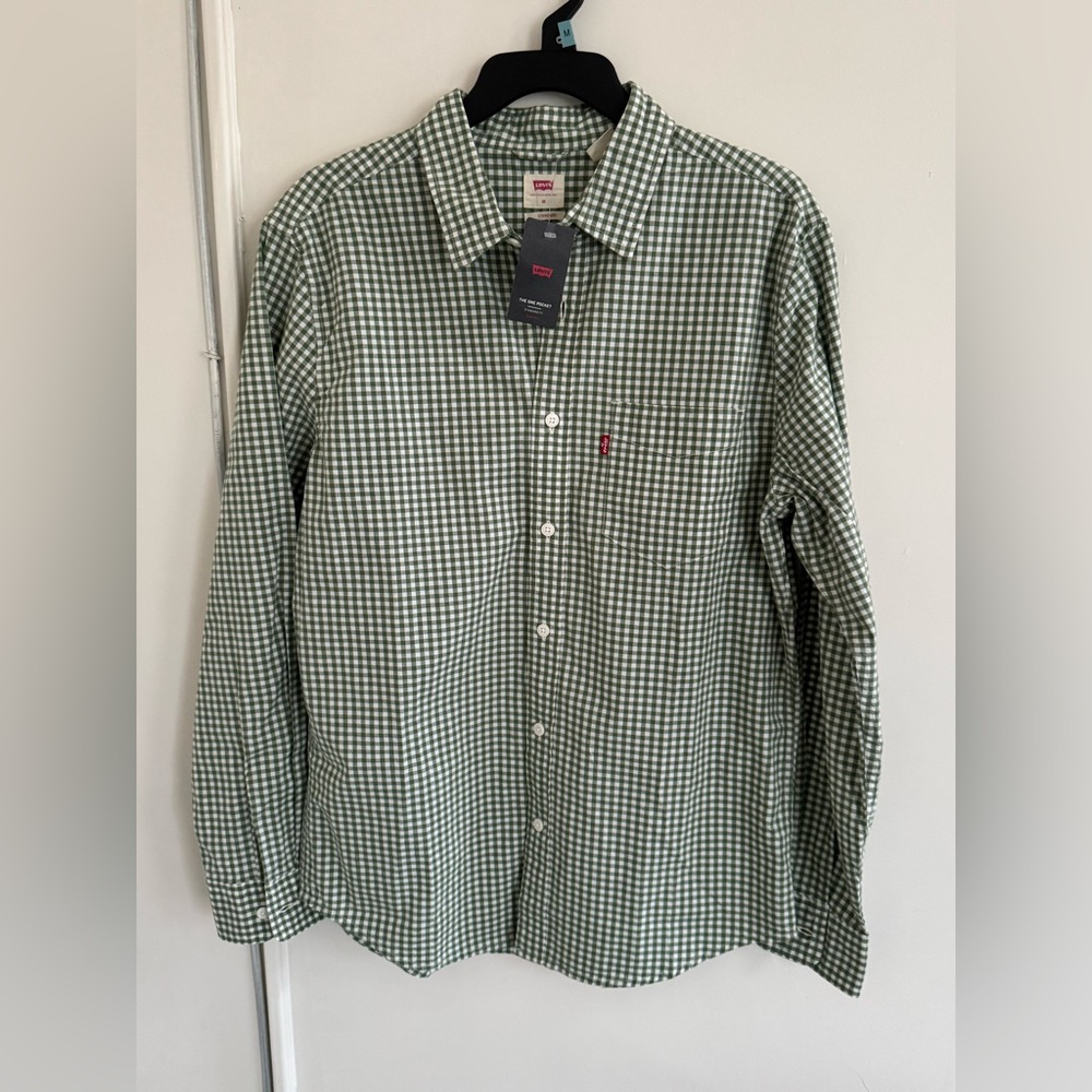 Levi's men's long-sleeve, green and white gingham shirt size M